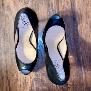 Black Leather Peep Toe Pumps